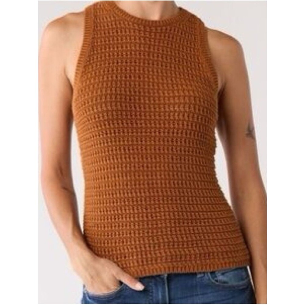 Madewell Women Sleeveless Open Knit Crochet High Neck Cotton Tank Top Rust S